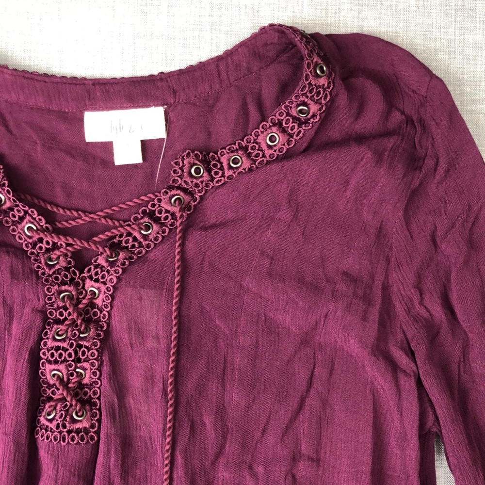 Style & Co Purple Lace Up Peasant Top Size Small - Picture 3 of 6